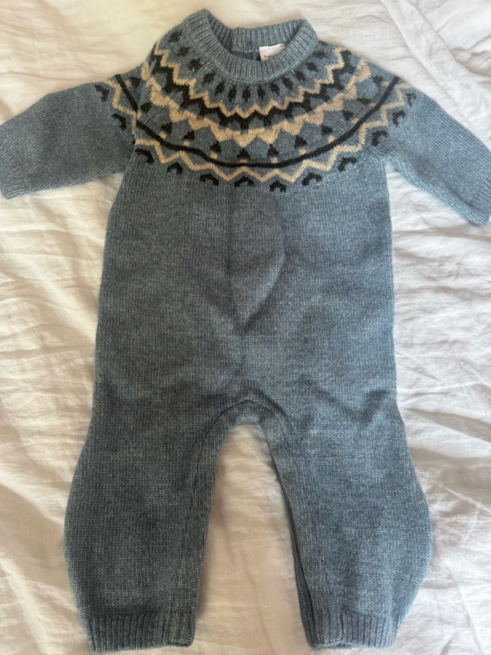 Classic Knit Baby One-Piece in Blue with Fair Isle Yoke 6-12 soft cozy sweater